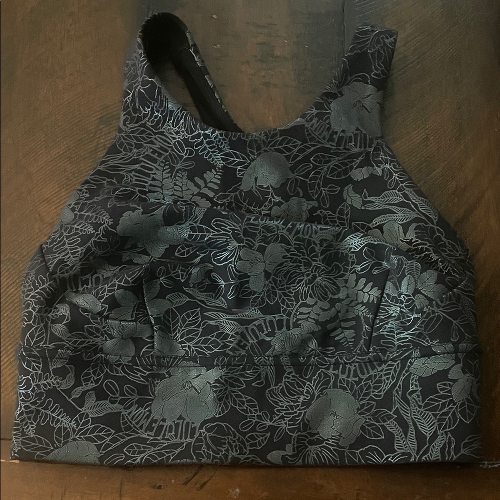 Lululemon floral iridescent/shine black sports bra size 4